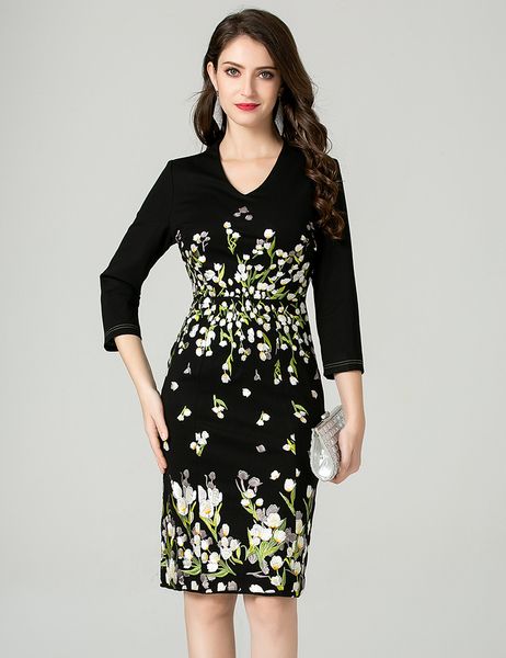 

embroidery women sheath dress v-neck 3/4 sleeve mini party dresses 12hx8123, White;black