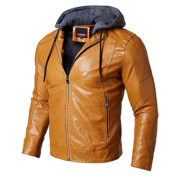 

2018 autumn and winter men's leather jacket new men's leather pu business casual hooded jacket, Black