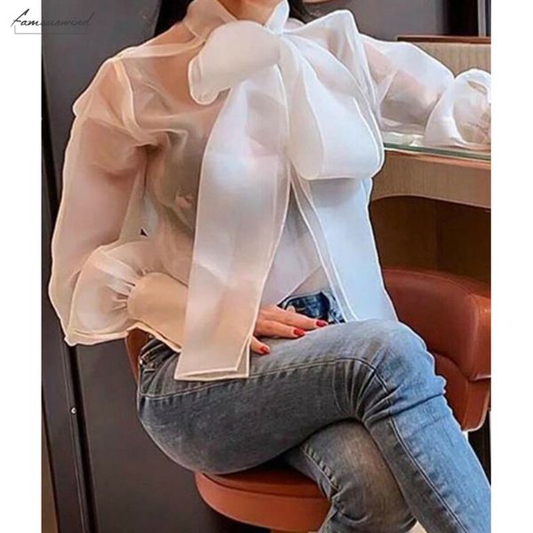 

women blouses 2020 autumn see through sheer mesh blouse puff long sleeve shirt tee shirts white bloust bow collar regular