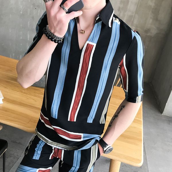 

fashion 2018 mens stripe shirts and pants korea style two piece set loose v-neck casual erkek giyim slim fit social club outfits, Gray