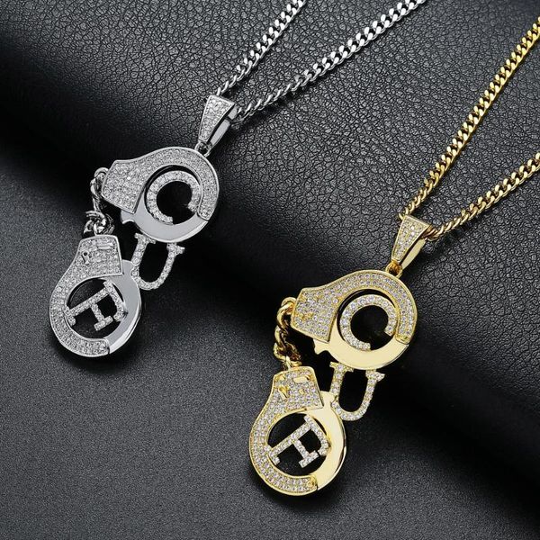 

iced out zircon crystal pendant necklaces handcuff hip hop necklace gold chain rock punk male jewelry collier, Silver