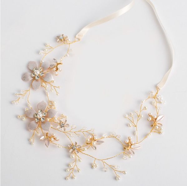

vintage gold flower headbands hair ornaments leaves hairbands with ribbon for women girl headpiece wedding hair accessories gift, Golden;white