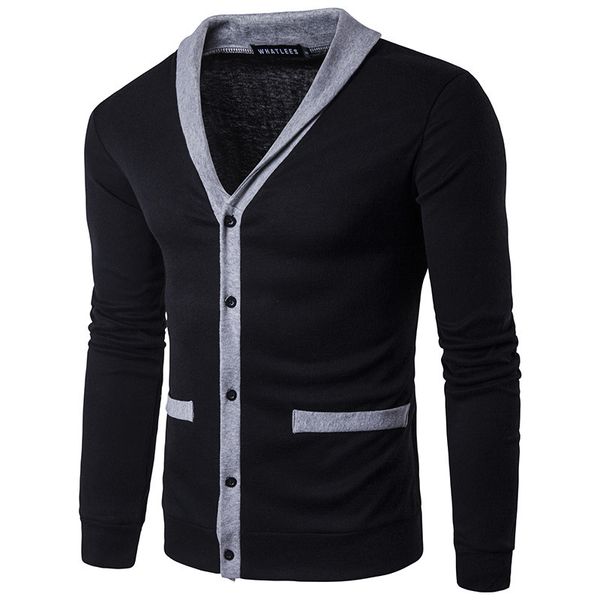 

spring new cross-border men's urban fashion neckline v-neck placket double pocket colorblock cardigan casual sweater, White;black