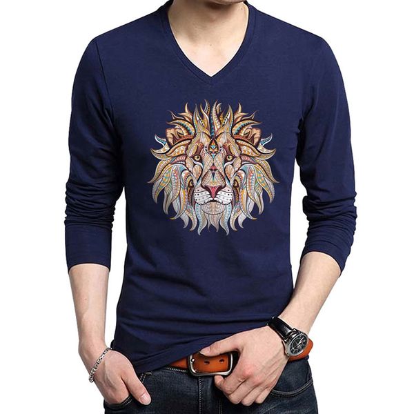 

Fashion Cool Lion Design Cotton Long Sleeve Printed Men T-Shirts Casual V Neck Knitted Mens Tshirt Men 'S Tops Tee Shirts S-5XL
