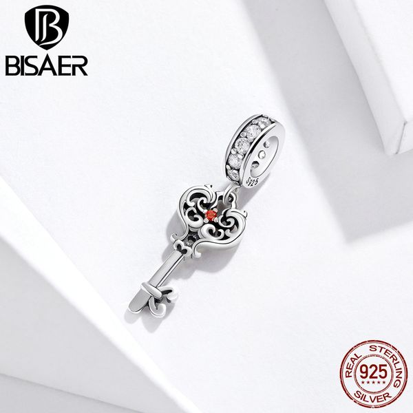 

bisaer authentic 925 sterling silver love key shape pendant charms fit 925 beads bracelets silver jewelry accessories efc092