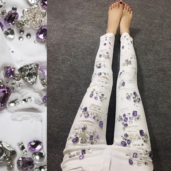 

2018 autumn cotton women rhinestones diamond denim jeans slim stretch pencil skinny jeans white ripped plus size 25-31, Blue