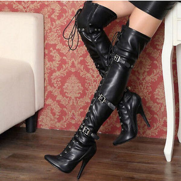

womens genuine leather lace up strappy zip over knee thigh boots high stilettos heel shoes belt buckle black white red plus sz