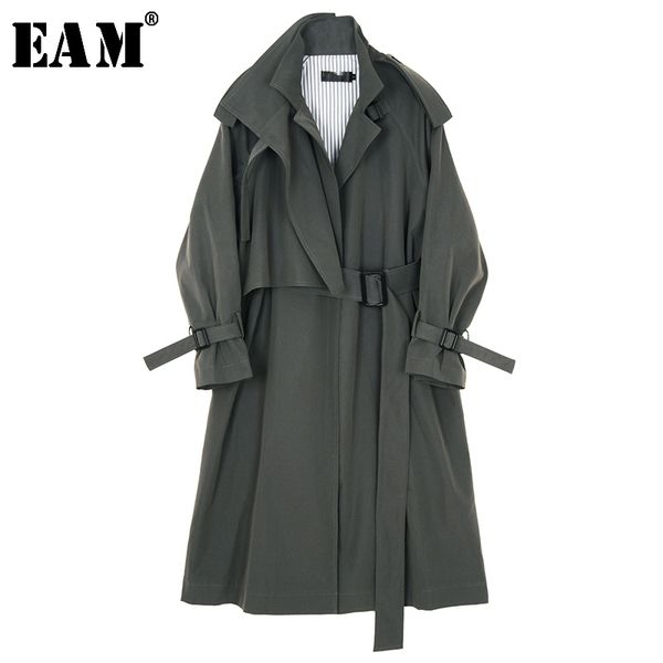 

eam] women gray brief bandage long big size trench new lapel long sleeve loose fit windbreaker fashion tide spring 2020 jx450, Tan;black