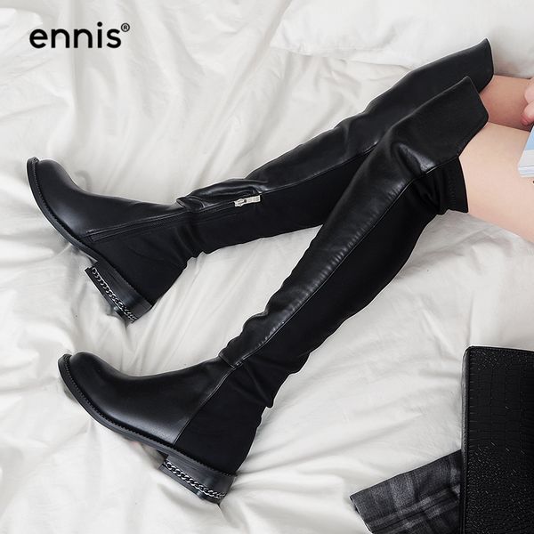 

ennis brand black over knee boots womens square heel stretch thigh high boots genuine leather autumn winter big size shoes l759