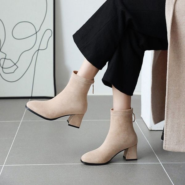 

2020 women zipper ankle boots platform flock bootd winter shoes all match square toe women fashion boots big size 33-43 maziao, Black