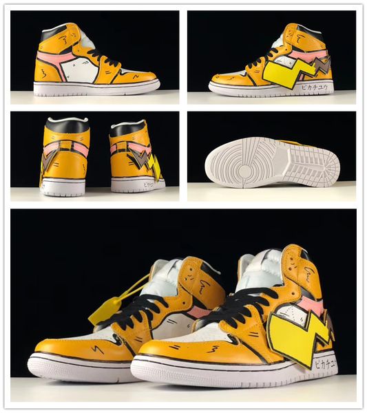 

diy j1 high og pikachu fragment yellow white men women basketball shoes designer mens sports sneakers elf treasure trainer with box