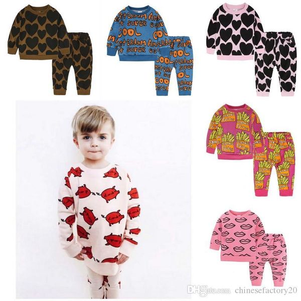 

ins baby boys antumn winter clothing sets heart printed pig cartoon letter long sleeve sets 2pcs outfits, White