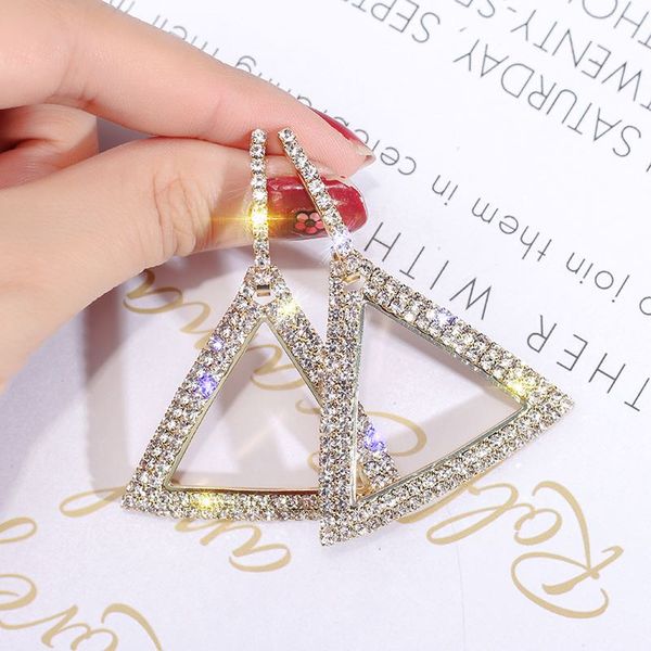 

2018 new euro-american exaggerated earrings women fashion full rhinestone triangular ear drop s925 silver pins shiny bling women jewelry, Golden;silver