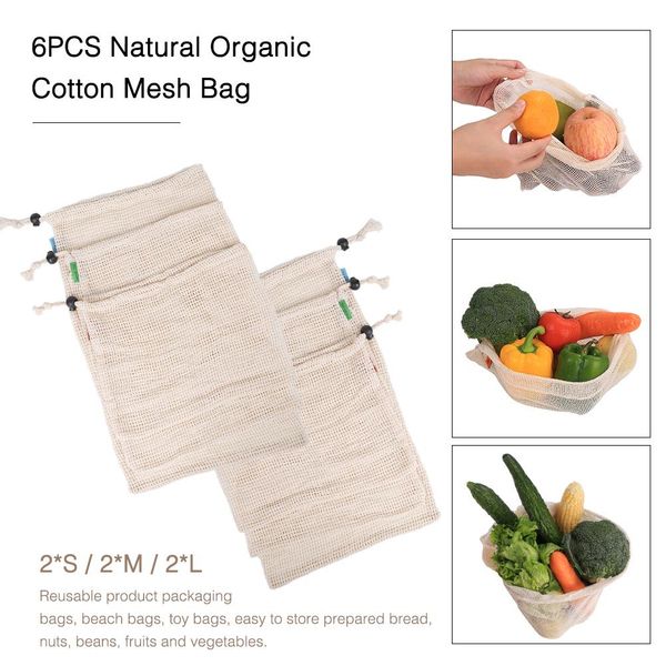 

6pcs natural organic cotton mesh bag fruit and vegetable storage bag drawstring reusable mesh pack