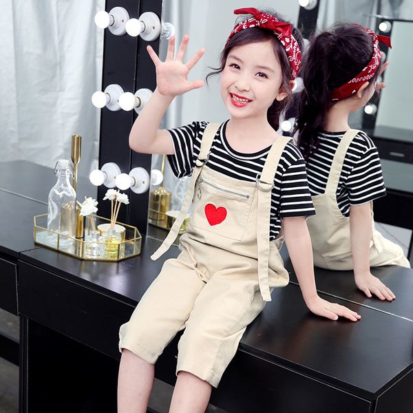 

2019 summer girls clothing sets children +overalls cute teenager clothes t200413, White