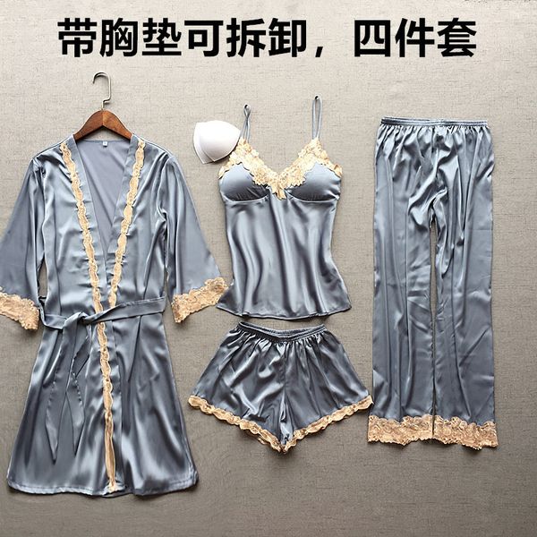 

ladies silk satin pajama set lace pijama set 4 pieces v-neck pyjama autumn spring sleepwear fashion home wear women, Blue;gray