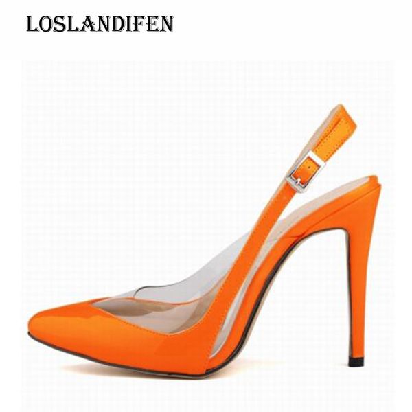 

loslandifen fashion women spring high heel shoes plus size 35-42 pu leather ankle buckle strap office transparent pumps shoes, Black;white