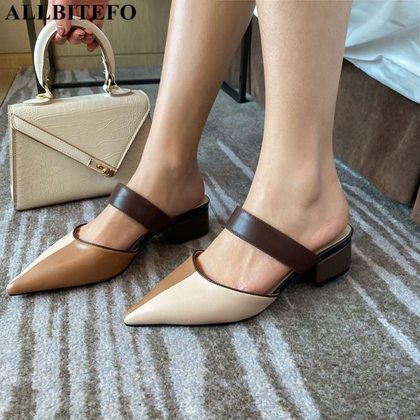 

allbitefo full genuine leather high heels office ladies shoes summer women slippers flip flops slippers women heels, Black