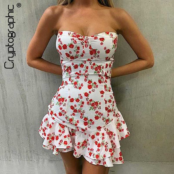 

cryptographic strapless backless floral print mini dress party club ruffles fashion sleeveless sundress 2020 summer dresses, Black;gray