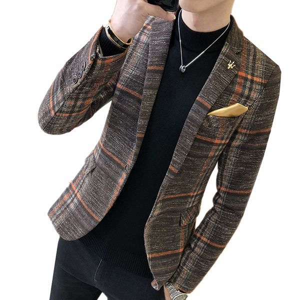 

2019 fashion new men's casual plaid business suit / men's slim fits single button blazers jacket coat, White;black