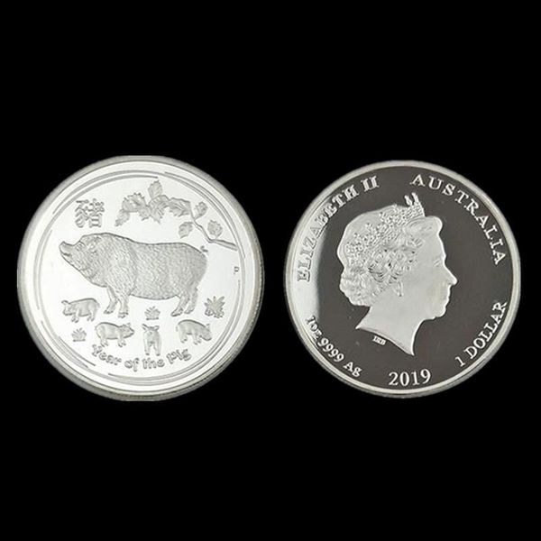 

100 pcs non magnetic 2019 pig chinese lucky animal zodiac silver plated 40 mm badge elizabeth home souvenir collectible decoration coin