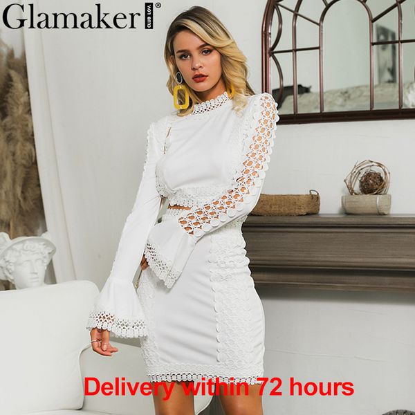 

glamaker кружева белый bodycon мини платье женщины из двух частей костюм flare рукавом лето пляжное платье элегантный короткий сексуальный в, Black;gray