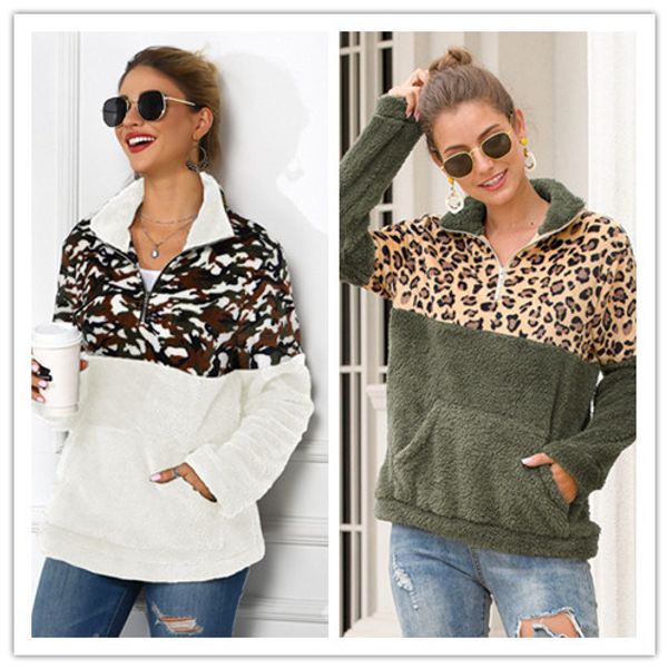 

designer hoodie women leopard camouflage patchwork pullover zipper sherpa sweatshirt long sleeve fleece outwear pockets winter coat, Black