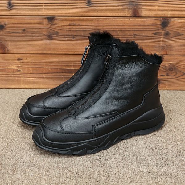 

winter new warm sheep shearing thick bottom mens snow boots genuine leather front zip solid round toe flat male high boots, Black