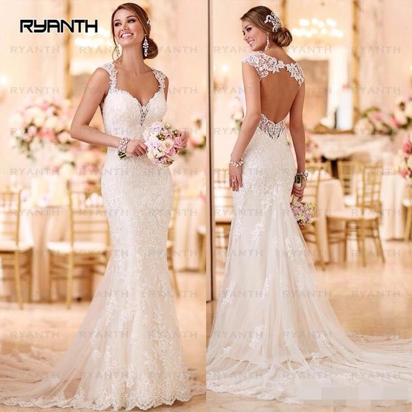 

2019 backless mermaid wedding dresses lace applique sweetheart neckline with straps hollow back custom made wedding bridal gowns, White