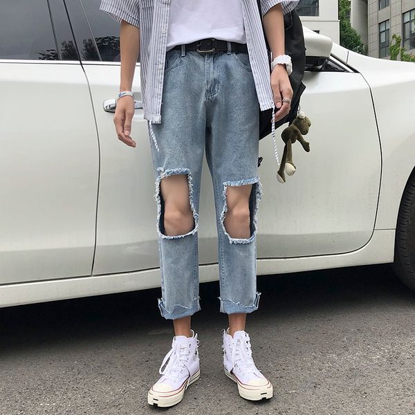 

2019 summer korean version of the new men's knee hole hong style harajuku solid color jeans hip hop streetwear, Blue