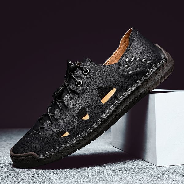 

soft 2020 trend summer mens flat sandals new genuine leather male sandals business leisure daddy flat shoes big size 39-48, Black