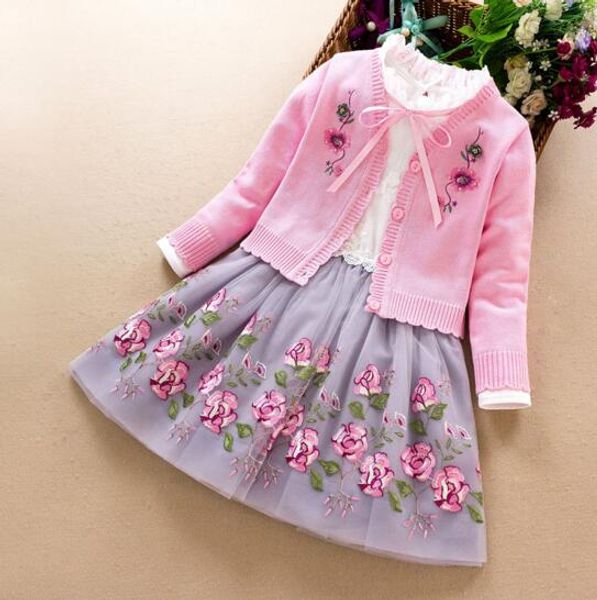 

Girl designer clothing Flower Embroidery Long Sleeve Dress +Knitted Cardigan clothes Spring fall Warm Knitted dress