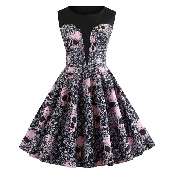 

vintage evening party dress o neck tank skull print pleated high waist sleeveless halloween dresses elegant plus size dress 2019, Black;gray