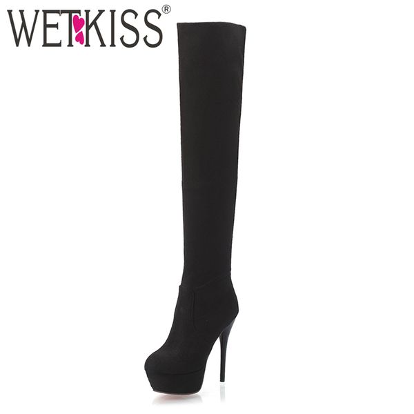 

wetkiss 2019 autumn 13cm high heels women boots platform flock over the knee boots lady thin heels thigh high, Black