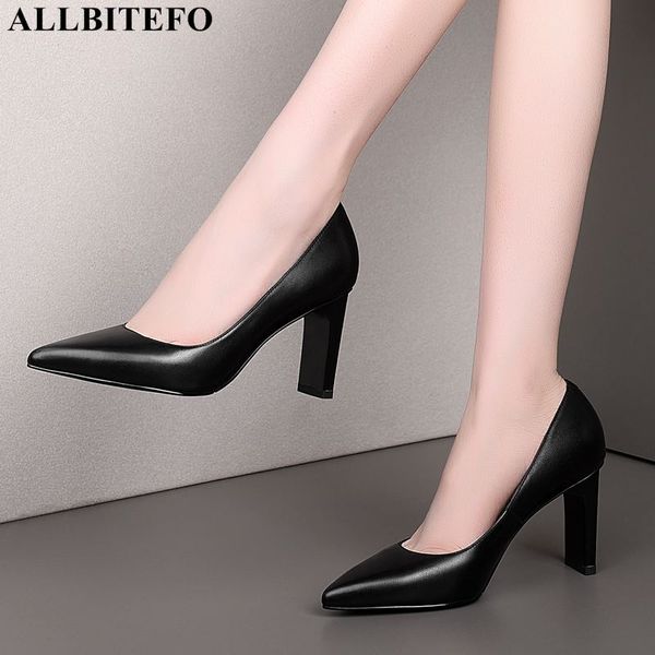 

allbitefo genuine leather high heels women shoes thick heel office ladies shoes party women heels girls, Black