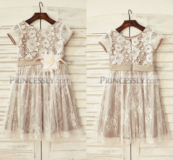 

lovely ball gown flower girl dress jewel neck short sleeve bow wedding dress tea length girl' birthday part, White;blue