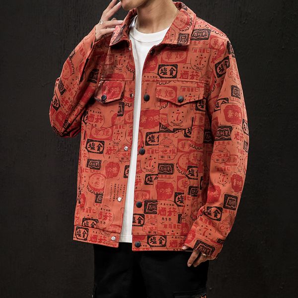 

2019 autumn and winter men's new casual contrast color printing single-breasted pocket decorative jacket loose cotton, Black;brown