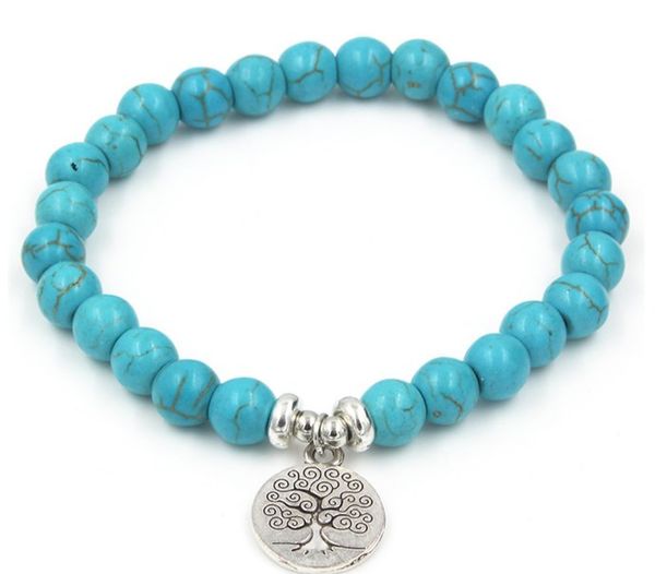 

8mm ygh242 elastic adjusted nature stone frosted agate onyx black volcanic lava turquoise lotus life tree buddha bracelet