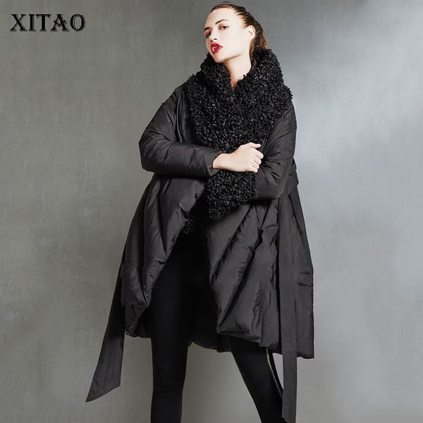 

xitao waist slim patchwork sashes down coat bow pocket women clothes 2019 fashion big fur collar plus size winter gcc1498, Black