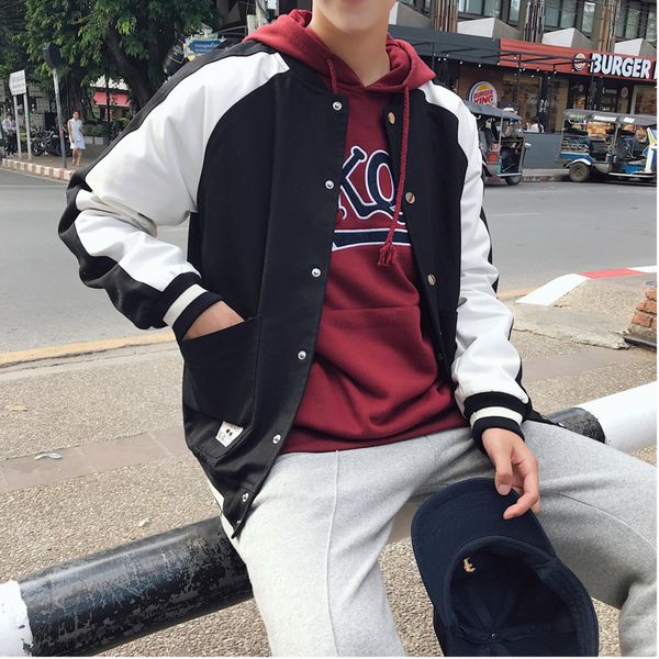 

2019 autumn and winter new youth popular students round neck stitching jacket fashion casual loose black / red m-5xl, Black;brown