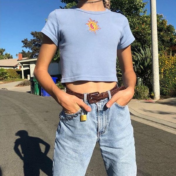 

summer t-shirt short sleeve sun embroidery crop 2019 women knitted slim leisure t-shirt female streetwear tees blue/green, White