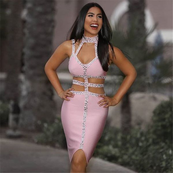 

hashupha diamonds club solid sleeveless bodycon mini dress 2019 winter new arrival fashion elegant pink bandage dresses, Black;gray