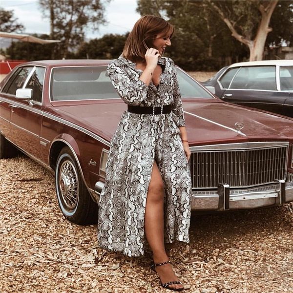 

boho summer polyester dresses one pieces trendy women dress deep v-neck long sleeve casual beach python skin, Black;gray
