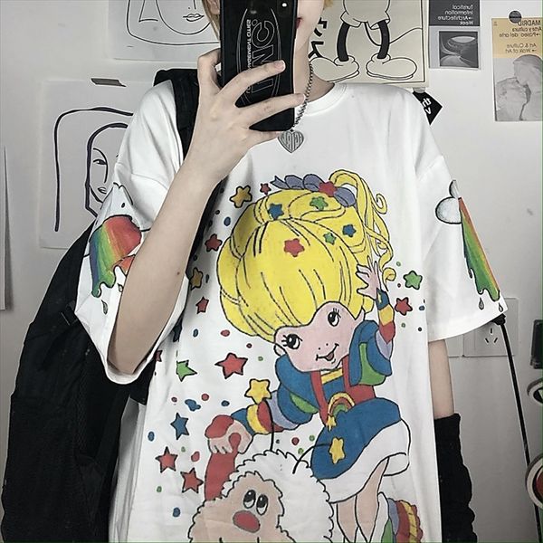 

ins cartoon style female harajuku style cartoon printing loose round collar large size short sleeve female, White