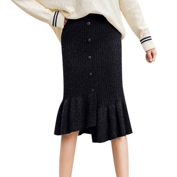 

new autumn women knit high waist irregular design skirt solid color button skirt tight skirts gray black