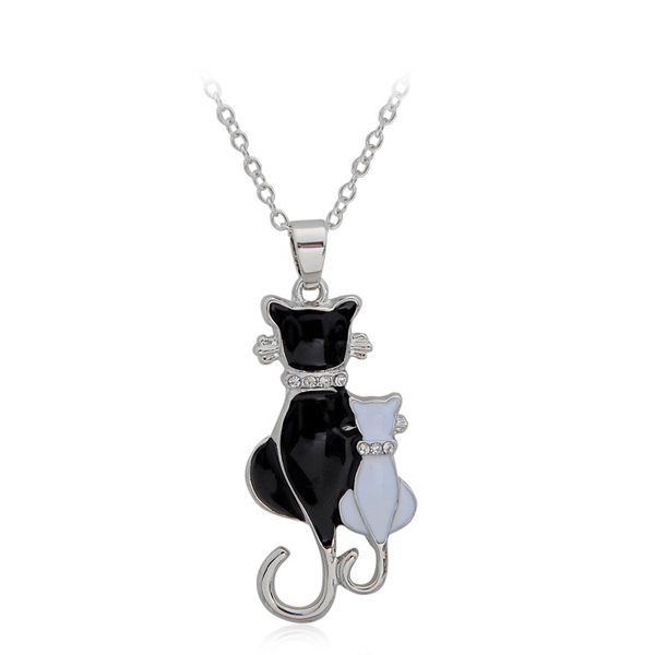 

new lovely cat paw black white 2 cat on heart crystal pendant necklace for women girl friend gift small cat jewelry, Blue;slivery