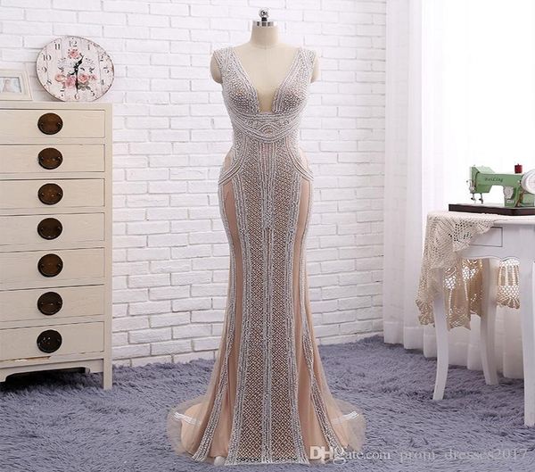 

the high-end custom elegant atmosphere heavy evening dresses lace fishtail handmade beaded pearl v halter collar prom dresses, Black;red