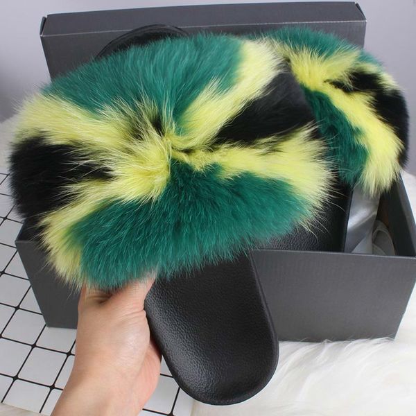 

indoor house slippers fox fur womens summer slides flip flops popular fluffy fur sandals beach woman shoes slipper, Black