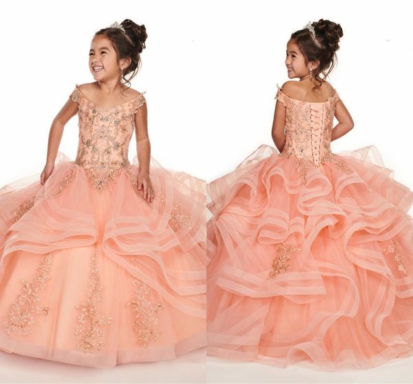 

tier ruffles coral girl pageant dresses 2020 new off the shoulder corset back flower girl dress with beads crystals for teens party dress, White;red