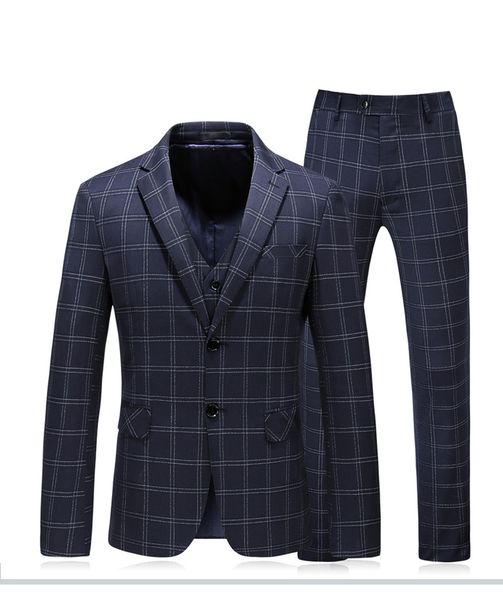 

men suit navy plaid slim fit wedding suits for men groom wear smart casual single breasted father day gift 3-piece set, White;black